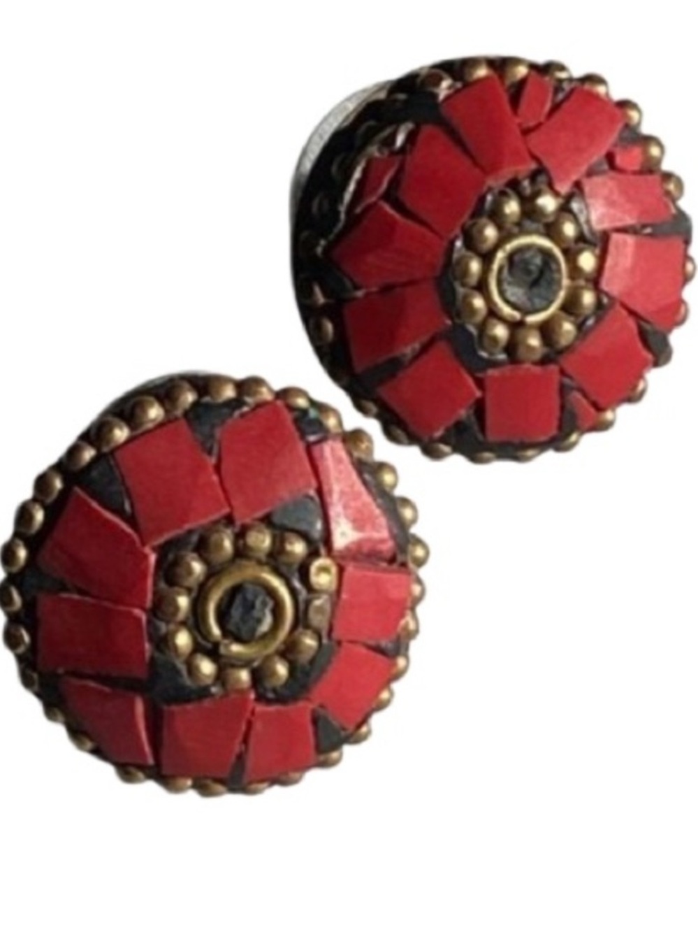 Vintage Round Red And Gold Mosaic Pierced Earrings Brass Back